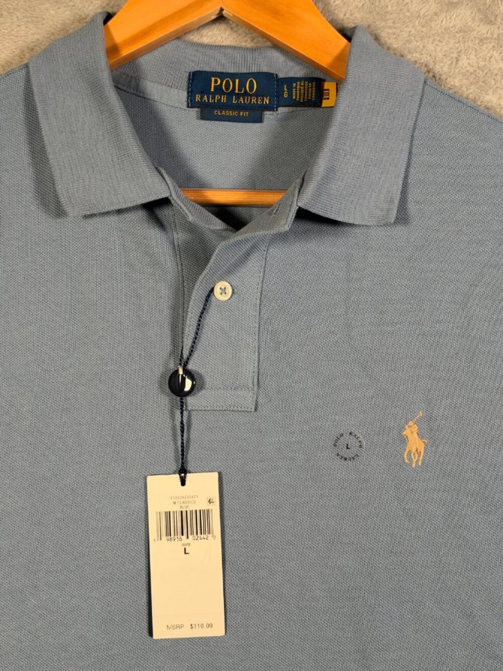 Polo Ralph Lauren Shirt Mens L Blue Classic Fit Pique Short Sleeve Pony $110
